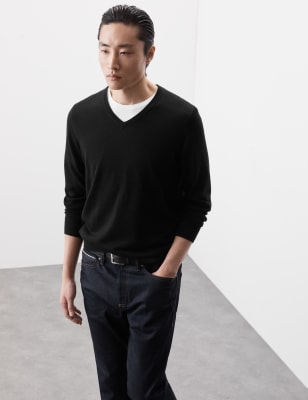 

Mens Autograph Pure Extra Fine Merino Wool V-Neck Jumper - Black, Black