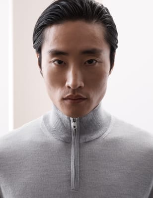 

Mens Autograph Pullover aus reiner, extrafeiner Merinowolle mit halbem Reißverschluss - Mid Grey, Mid Grey