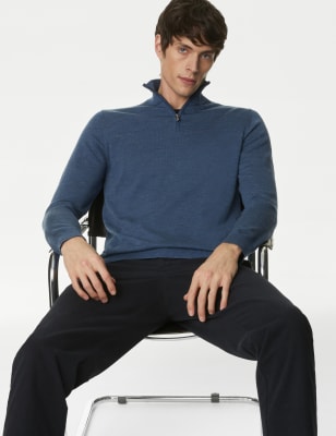 

Mens Autograph Pure Extra Fine Merino Wool Half Zip Jumper - Medium Blue, Medium Blue