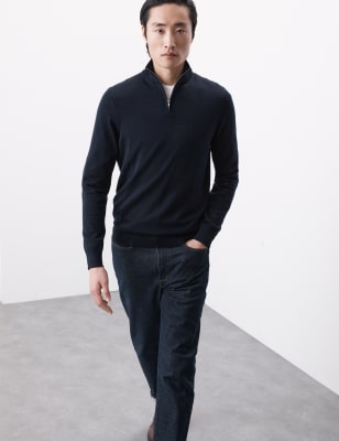 

Mens Autograph Pure Extra Fine Merino Wool Half Zip Jumper - Navy, Navy