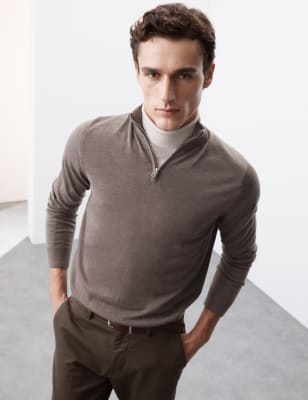 

Mens Autograph Pure Extra Fine Merino Wool Half Zip Jumper - Light Brown, Light Brown