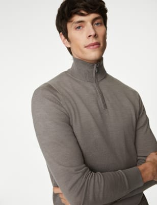 

Mens Autograph Pure Extra Fine Merino Wool Half Zip Jumper - Taupe, Taupe