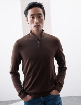 

Mens Autograph Pure Extra Fine Merino Wool Half Zip Jumper - Chestnut, Chestnut