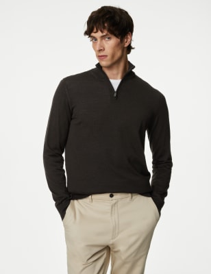 

Mens Autograph Pullover aus reiner, extrafeiner Merinowolle mit halbem Reißverschluss - Bitter Chocolate, Bitter Chocolate