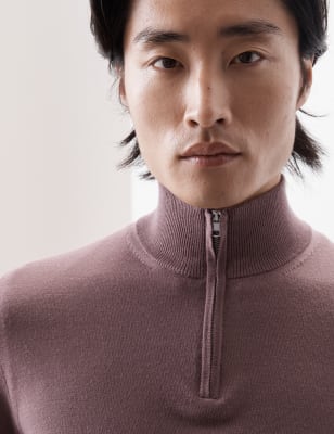 

Mens Autograph Pullover aus reiner, extrafeiner Merinowolle mit halbem Reißverschluss - Brown Haze, Brown Haze