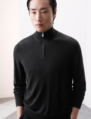 

Mens Autograph Pure Extra Fine Merino Wool Half Zip Jumper - Black, Black