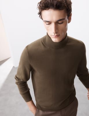 

Mens Autograph Pure Extra Fine Merino Wool Roll Neck Jumper - Dark Khaki, Dark Khaki