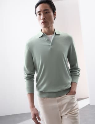 

Mens Autograph Pure Extra Fine Merino Wool Knitted Polo Shirt, Light Green