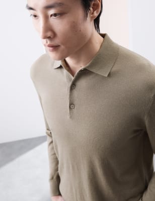 

Mens Autograph Pure Extra Fine Merino Wool Knitted Polo Shirt, Neutral Brown