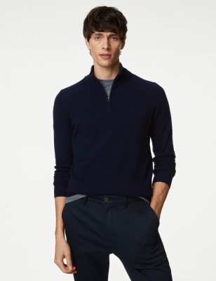 

Mens Autograph Pullover aus reinem Kaschmir mit halblangem Reißverschluss - Navy Mix, Navy Mix