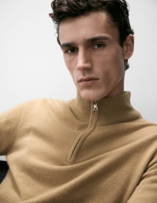 

Mens Autograph Pure Cashmere Half Zip Jumper - Camel, Camel