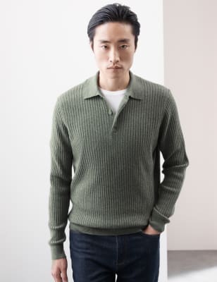 

Mens Autograph Merino Wool Rich Knitted Polo with Cashmere - Smokey Green, Smokey Green