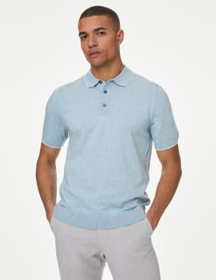 

Mens M&S Collection Cotton Rich Short Sleeve Knitted Polo Shirt - Pale Blue, Pale Blue