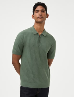 

Mens M&S Collection Cotton Rich Textured Knitted Polo Shirt - Antique Green, Antique Green