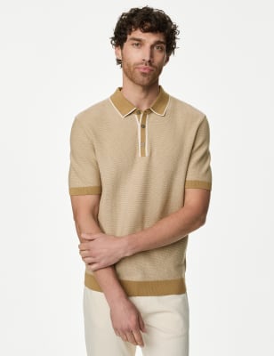 

Mens M&S Collection Strick-Poloshirt mit hohem Baumwollanteil und Strukturmuster - Toffee, Toffee