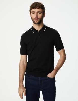 

Mens M&S Collection Cotton Rich Tipped Knitted Polo Shirt - Black, Black