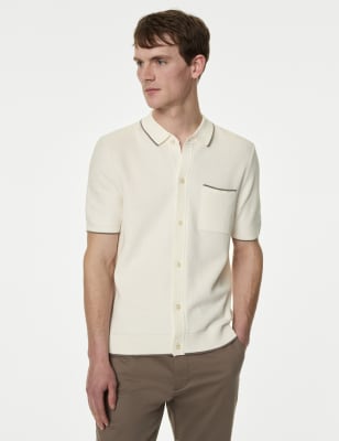 

Mens M&S Collection Gestricktes Kurzarm-Poloshirt mit hohem Baumwollanteil - Ivory, Ivory