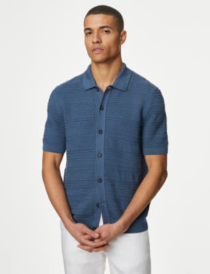 

Mens M&S Collection Cotton Rich Textured Knitted Polo Shirt - Blue Mix, Blue Mix