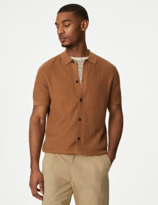 

Mens M&S Collection Textured Knitted Polo Shirt with Linen - Toffee, Toffee