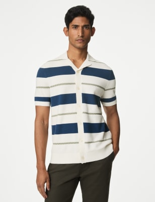

M&S Collection Polo de punto de rayas de algodónMens - Blue Mix, Blue Mix