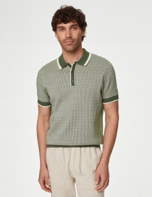 

M&S Collection Polo de punto de algodón con diseño geométricoMens - Moss Green, Moss Green