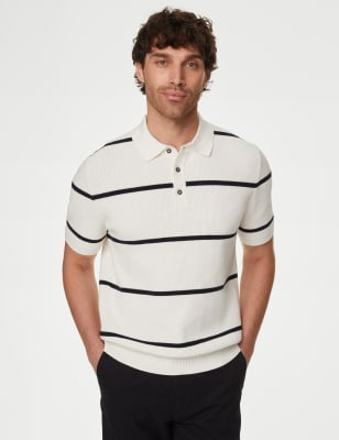 

Mens M&S Collection Gestricktes Poloshirt mit hohem Baumwollanteil und Streifenmuster - Ivory, Ivory