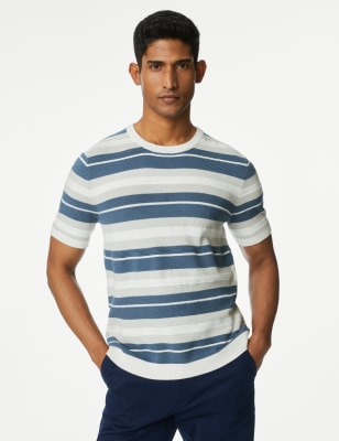 

Mens M&S Collection Cotton Rich Striped Crew Neck Knitted T-shirt - Multi Blues, Multi Blues