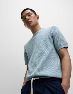 

Mens M&S Collection Cotton Rich Textured T-Shirt, Light Airforce
