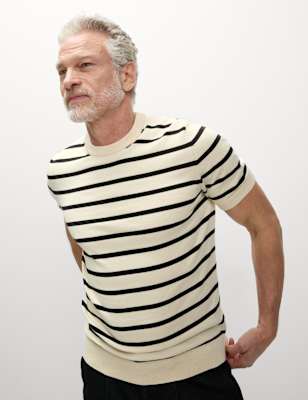 

Mens M&S Collection Cotton Rich Striped Knitted T-Shirt - Ecru Mix, Ecru Mix