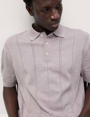 Mens M&S Collection Pure Cotton Textured Knitted Polo Shirt, Brown Haze