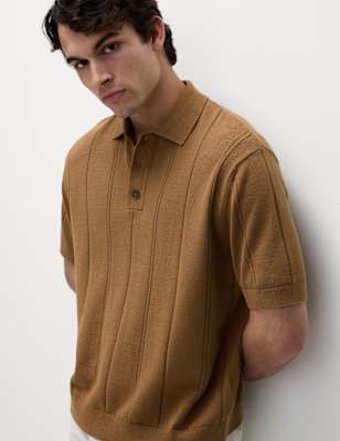 

Mens M&S Collection Pure Cotton Textured Knitted Polo Shirt, Cognac