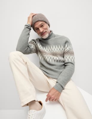 

Mens M&S Collection Super Soft Fair Isle Roll Neck Jumper with Wool - Grey, Grey