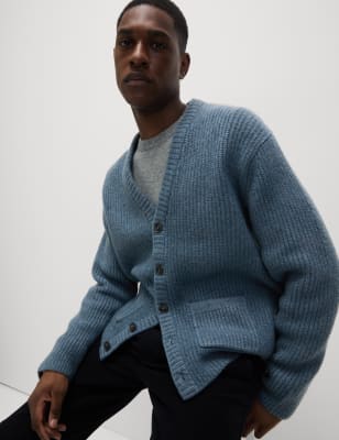 

Mens M&S Collection Supersoft Ribbed V-Neck Cardigan with Wool - Air Force Blue, Air Force Blue