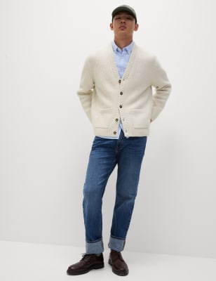 

Mens M&S Collection Superweicher gerippter Wollstrick-Cardigan mit V-Ausschnitt - Ecru, Ecru