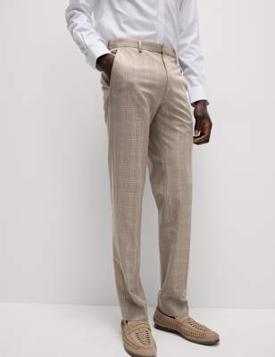 

Mens M&S Collection Tailored Fit Flat Front Check Trousers, Natural Mix