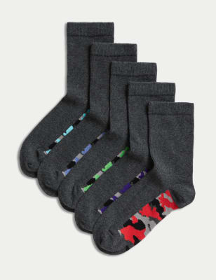 

Unisex,Boys,Girls M&S Collection 5pk Cotton Rich Camouflage Sole School Socks - Grey, Grey