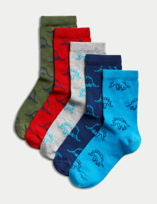 

M&S Collection Pack de 5 pares de calcetines de algodón con diseño de dinosaurios (6 pequeño-7 grande) - Grey Mix, Grey Mix