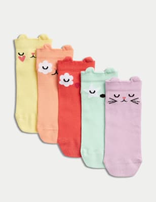 

M&S Collection Pack de 5 pares de calcetines Trainer Liners™ de algodón con diseño de animales (6 pequeño-7 grande) - Multi, Multi