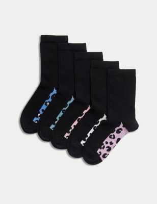 

Girls M&S Collection 5pk Cotton Rich Leopard Socks (6 Small - 7 Large), Black