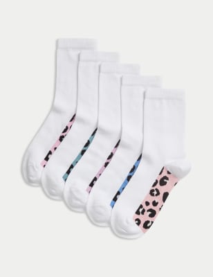 

Girls M&S Collection 5pk Cotton Rich Leopard Print School Socks (6 Small - 7 Large) - White, White