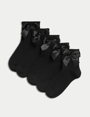 

Girls M&S Collection 5pk Cotton Rich Ankle Bow Socks (6 Small-7 Large) - Black, Black