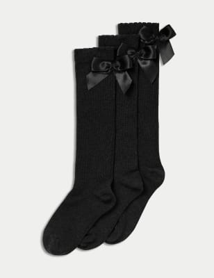 

Girls M&S Collection 3p Cotton Rich Picot Knee High Bow Socks (6-8½ Small - 4-7 Large) - Black, Black