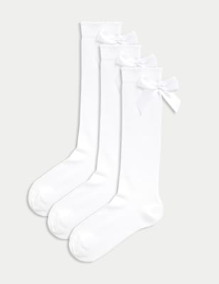 

Girls M&S Collection 3p Cotton Rich Picot Knee High Bow Socks (6-8½ Small - 4-7 Large) - White, White