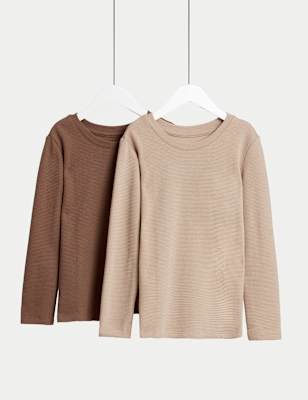 

M&S Collection Pack de 2 tops térmicos de mezcla de algodón con diseño gofrado (2-14 años) - Sandstone, Sandstone