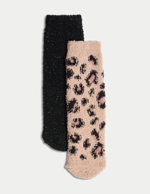 

Girls M&S Collection 2pk Leopard & Glitter Cosy Slipper Socks - Black Mix, Black Mix