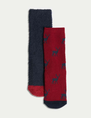 

Boys M&S Collection 2pk Stag & Check Cosy Slipper Socks (6 Small - 7 Large) - Dark Red Mix, Dark Red Mix