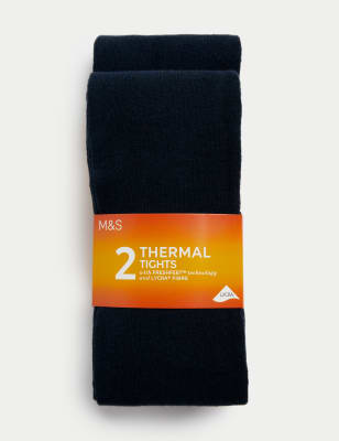 M&S Girls 2 Pack Cotton Rich Thermal Tights (4-14 Yrs) - 11-12 - Navy, Navy