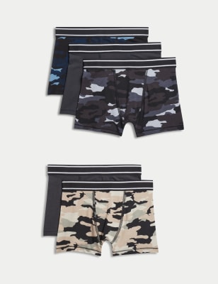 

Boys M&S Collection 5pk Cotton with Stretch Camo Trunks (5-16 Yrs) - Black Mix, Black Mix