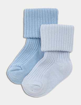 

Unisex,Boys,Girls M&S Collection 2pk Cotton Rich Ribbed Socks (7lbs-3 Yrs), Light Blue Mix