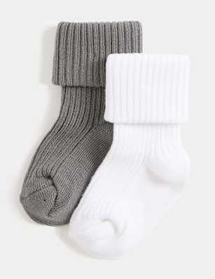 

Unisex,Boys,Girls M&S Collection 2pk Cotton Rich Ribbed Socks (7lbs-3 Yrs), Grey